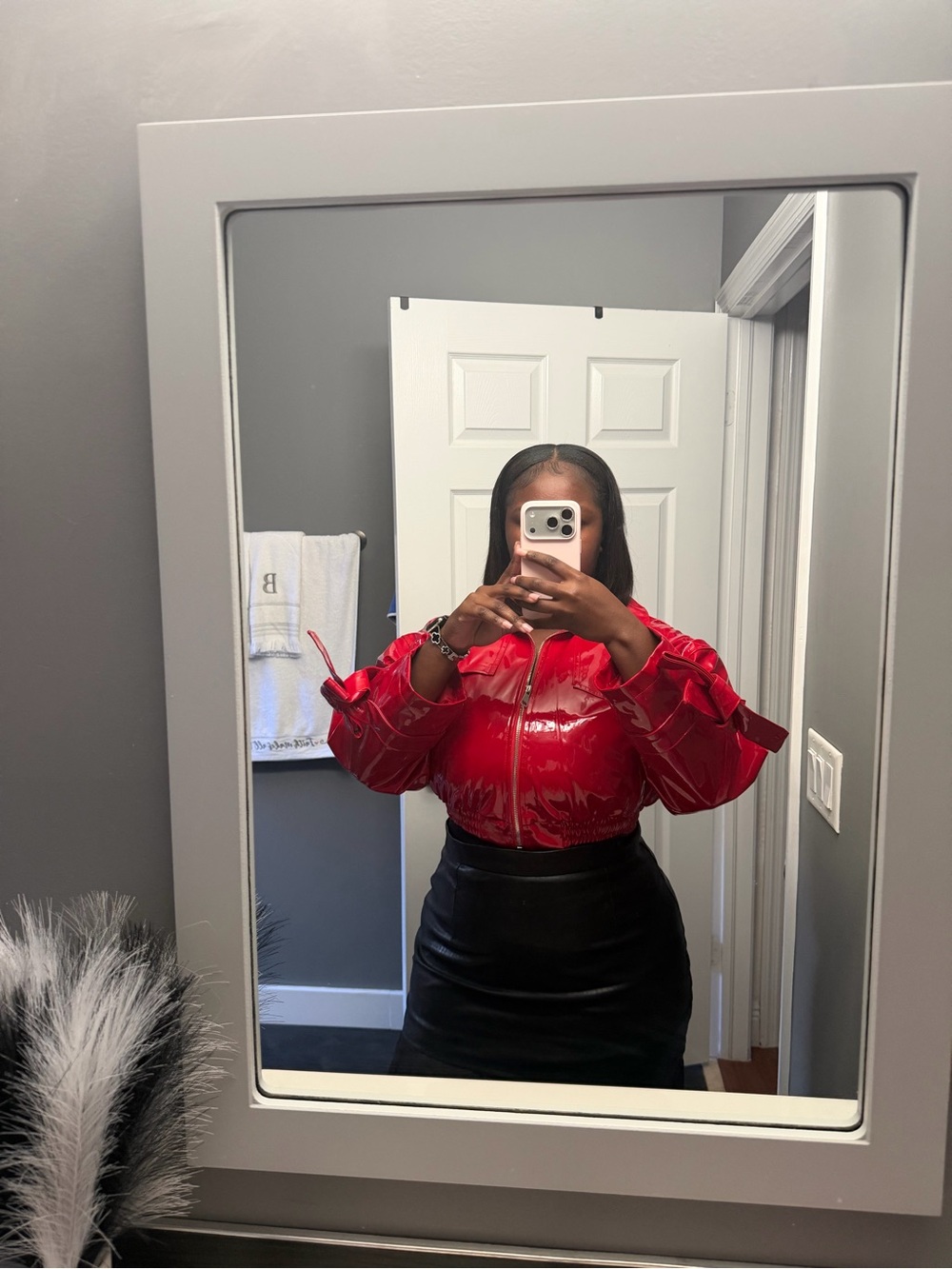 Glossy Red Bow-Detail Bomber Jacket